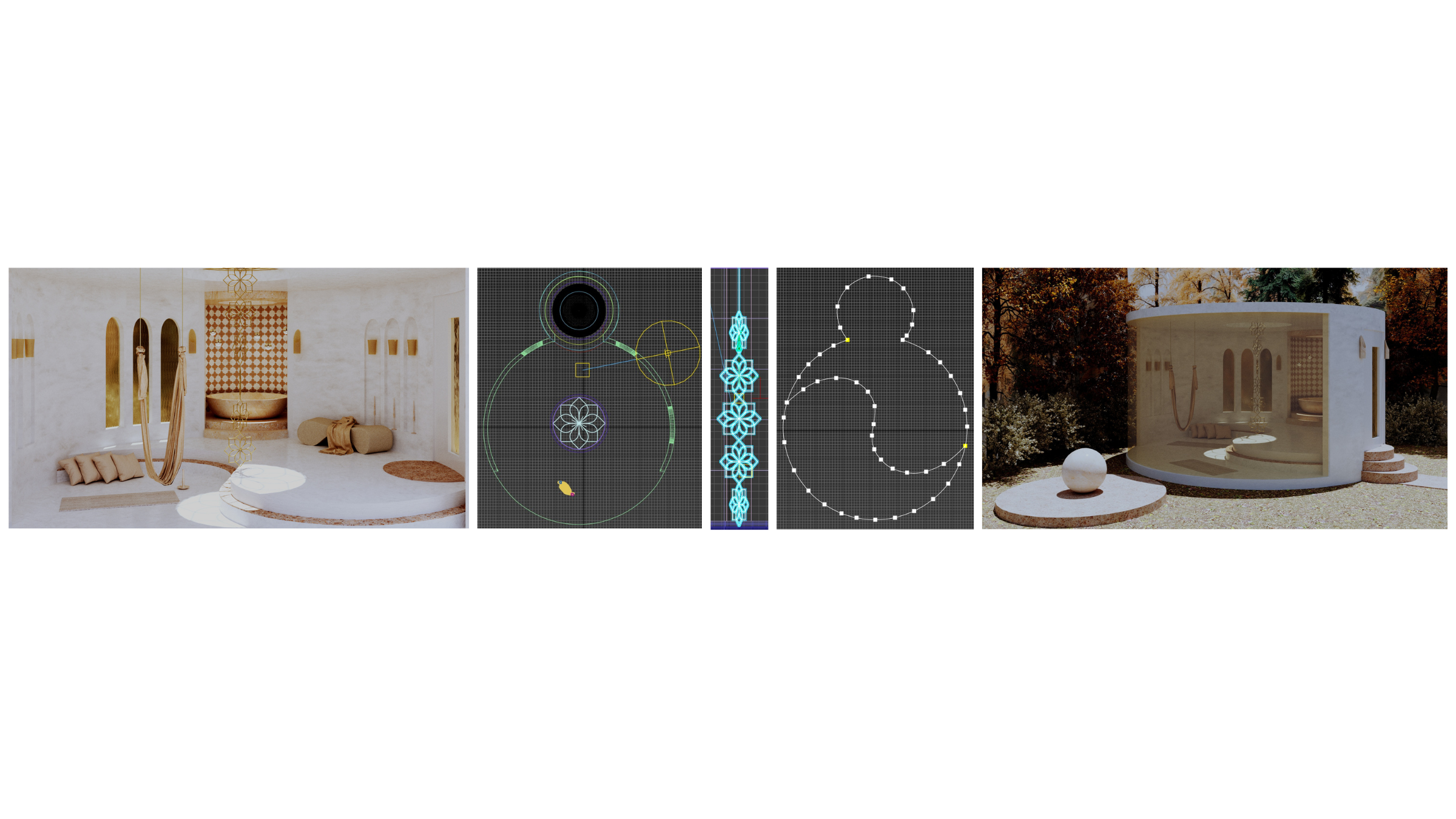 Design study — interior render shown beside its sacred-geometry construction
