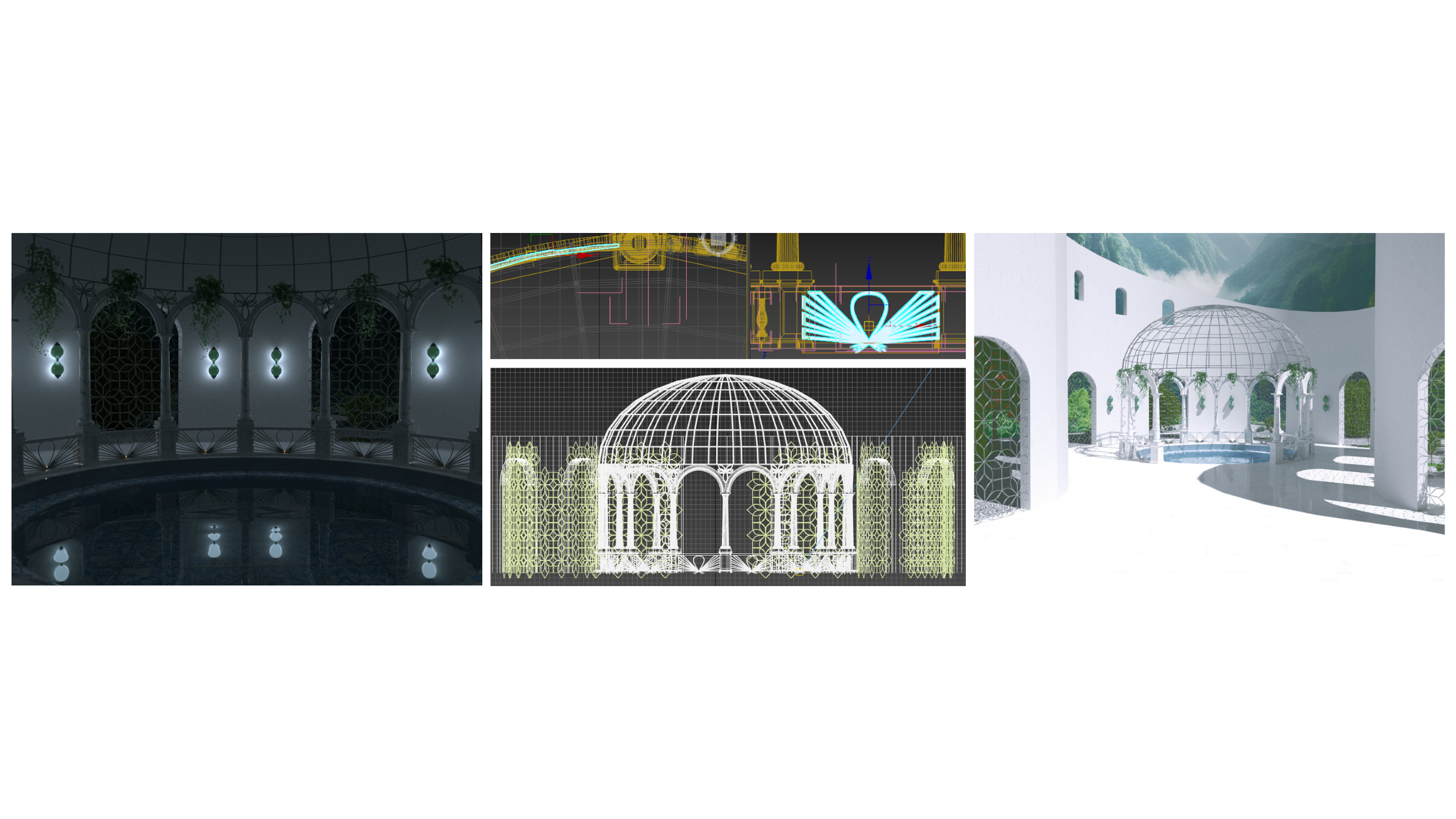Domed atrium design — finished render with its technical geometry and elevation drawings