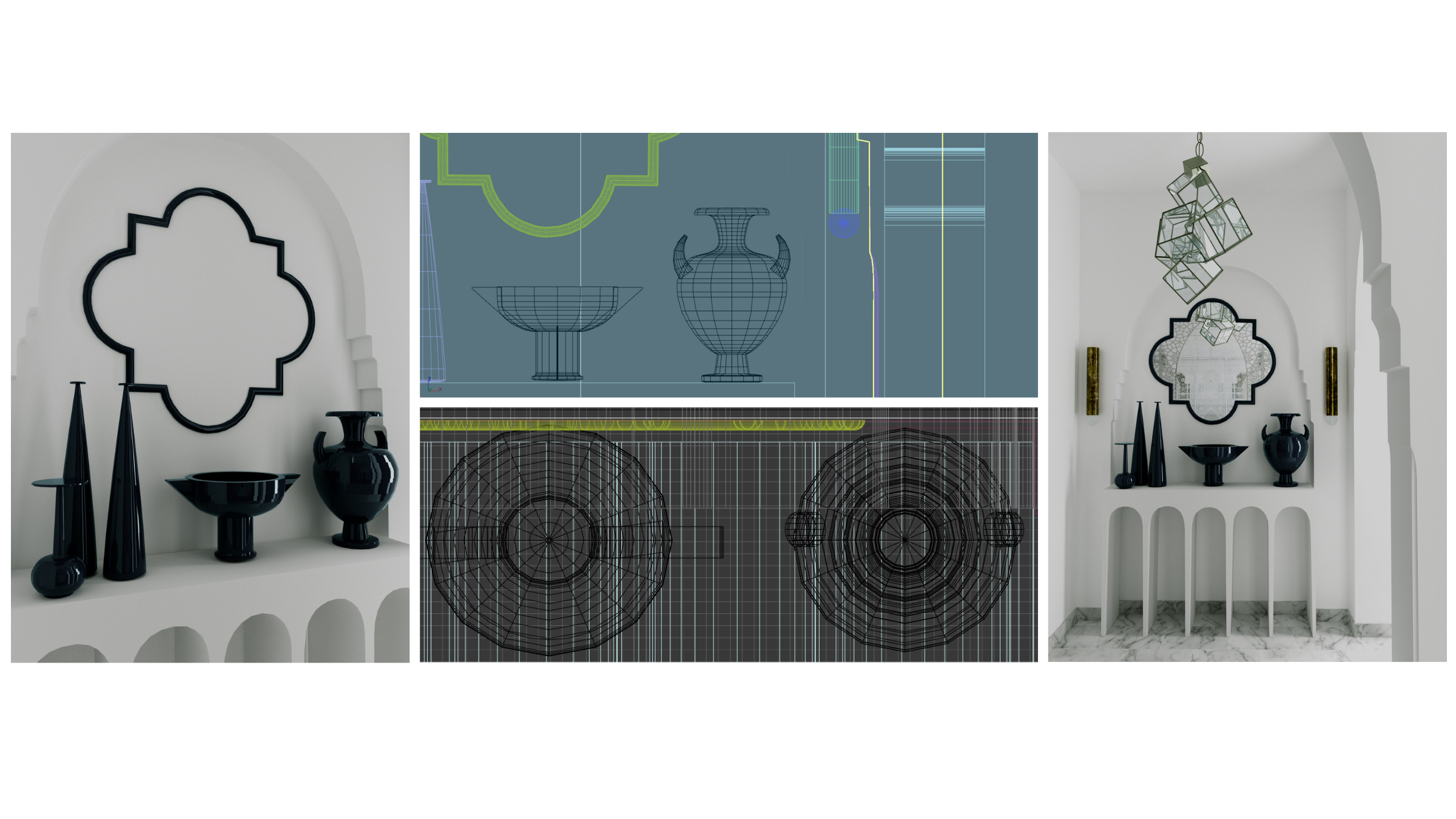 Bespoke interior styling — finished render with technical wireframes and proportion studies