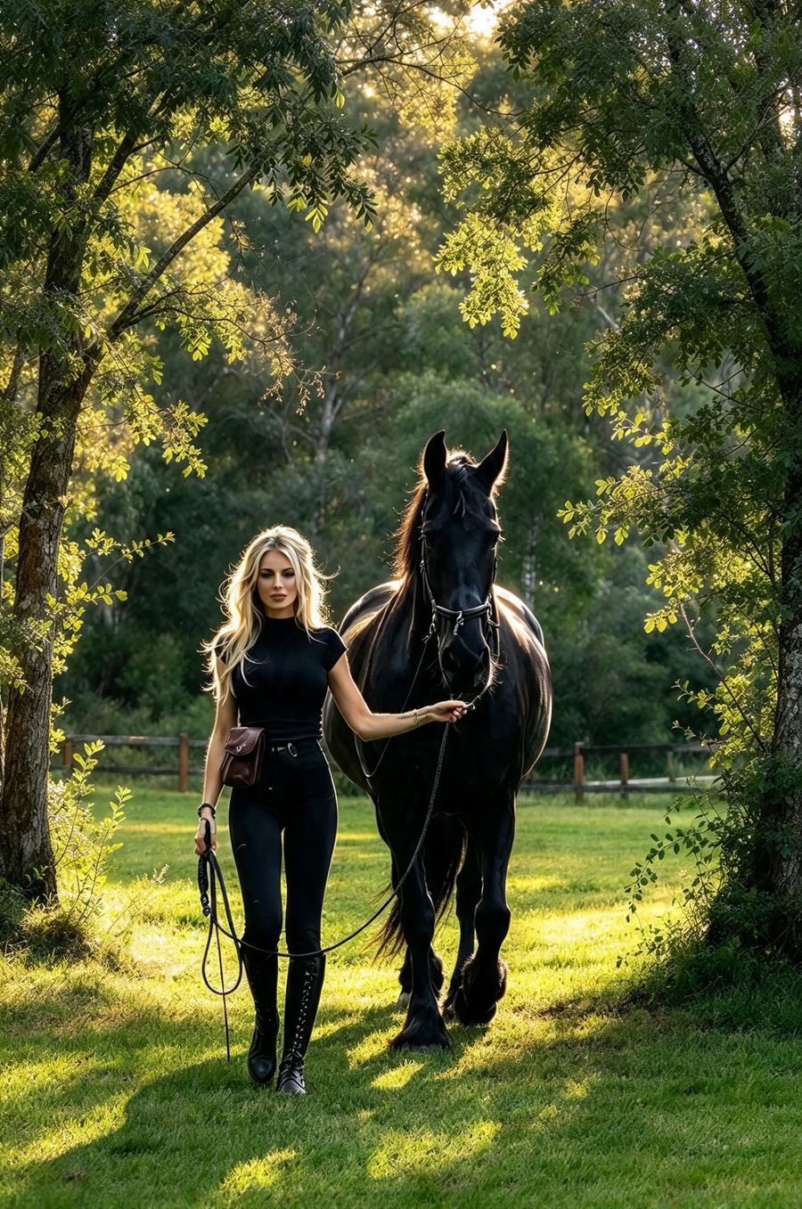 Hayley Michelle walking with Beauty under the trees