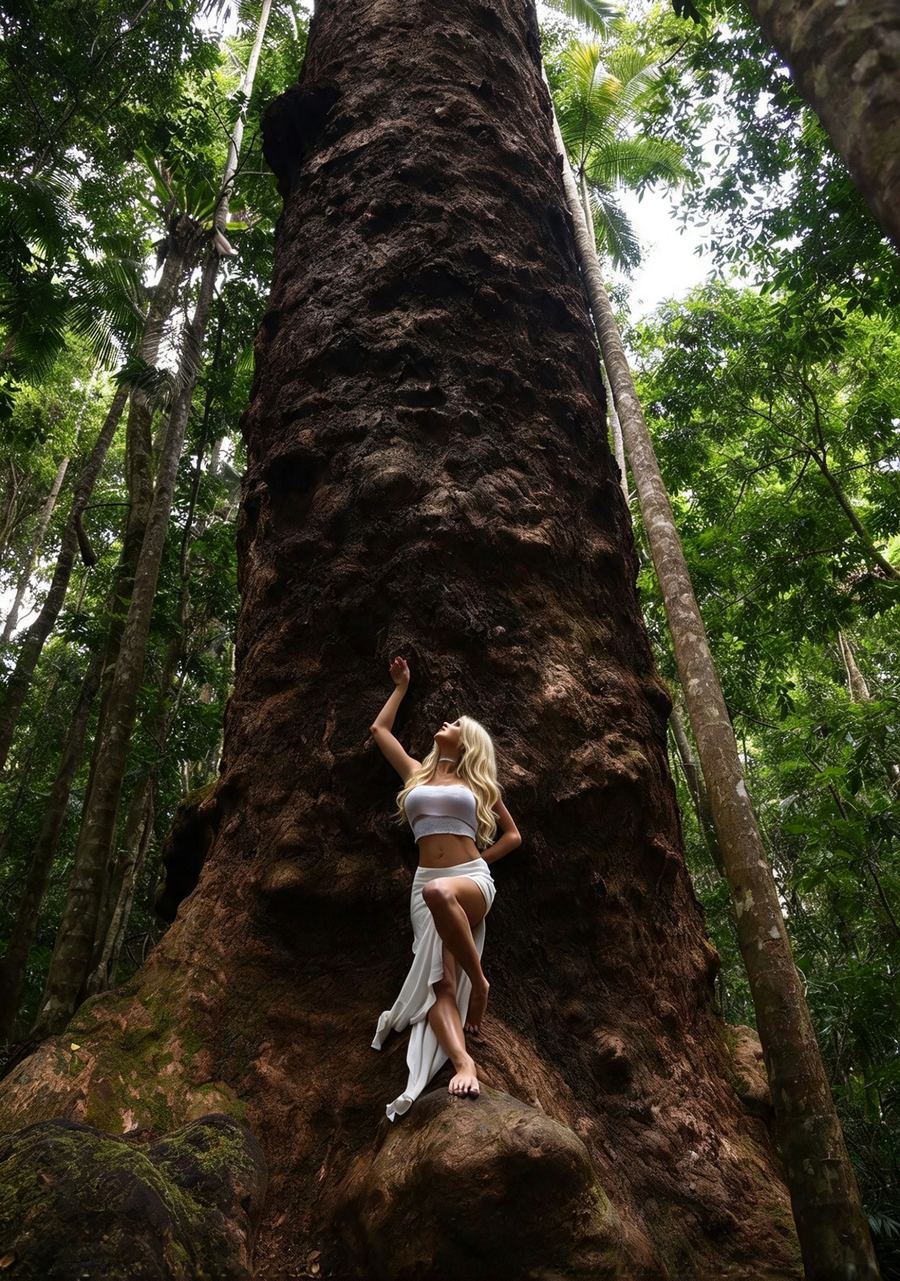 Hayley Michelle reaching up the trunk of a great tree