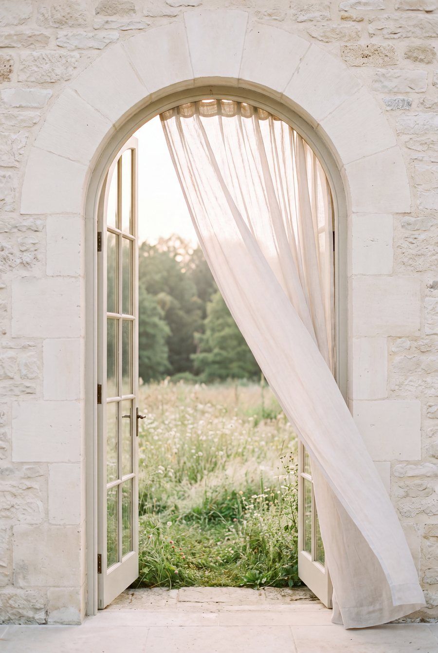 An arched doorway open onto a meadow at sunrise, a sheer curtain lifting in the breeze