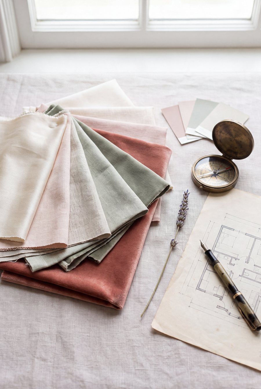 Swatches of linen, silk and velvet fanned beside a brass compass, a fountain pen and a floor plan