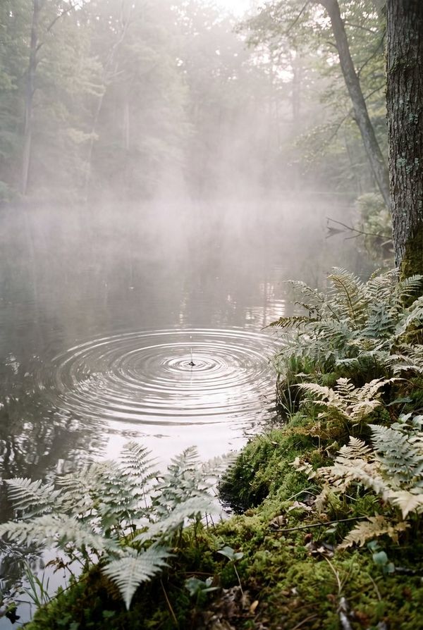 A drop falling into a still forest pool in the mist